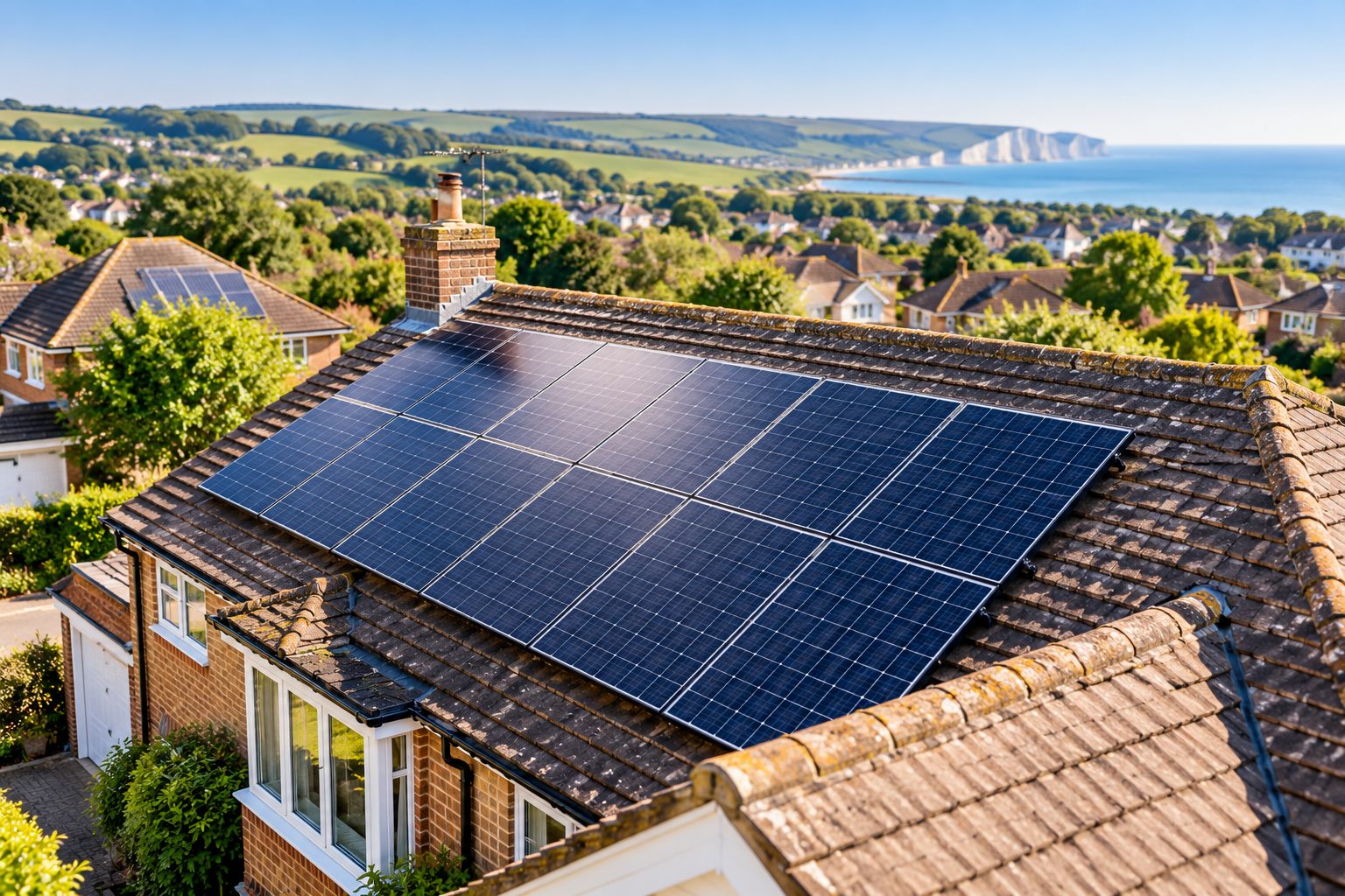 Rooftop solar panels on houses in a coastal town