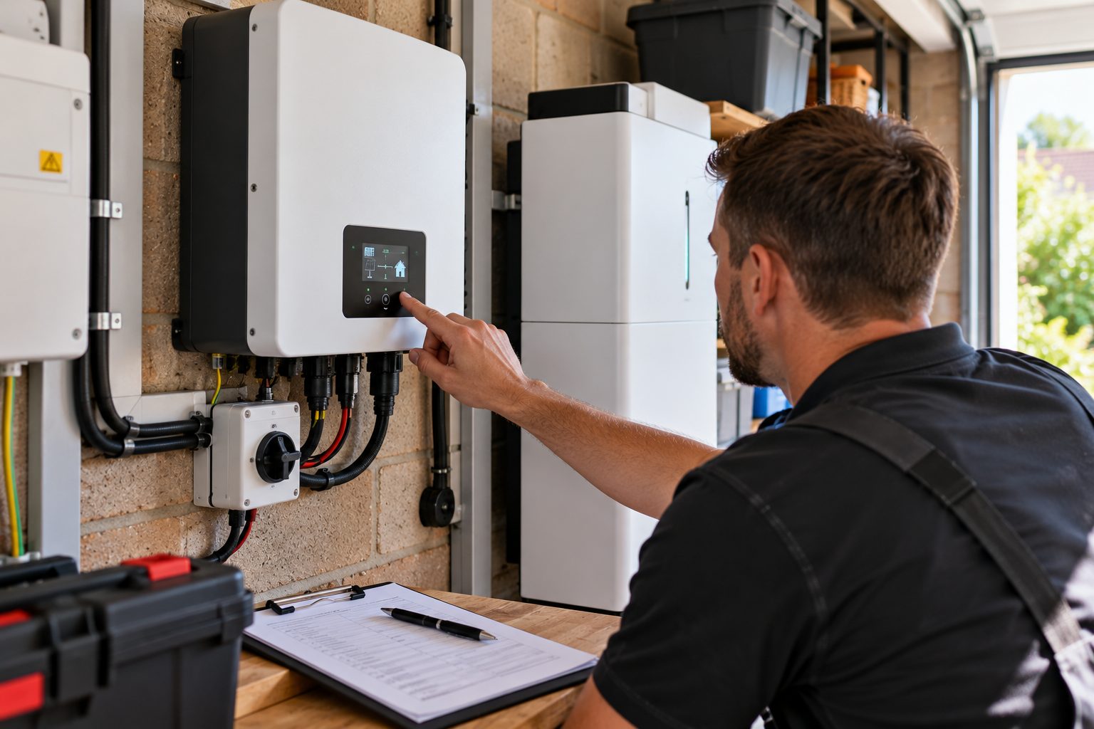 Technician checking the display on a solar inverter