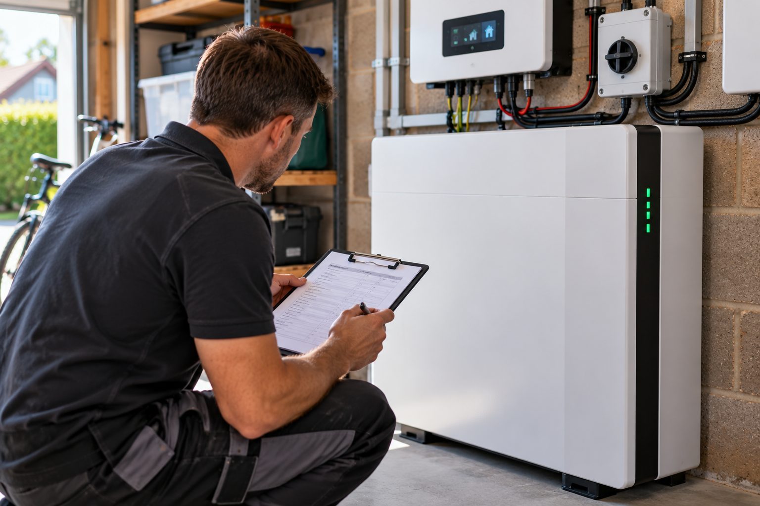 Technician noting readings from a solar inverter and battery