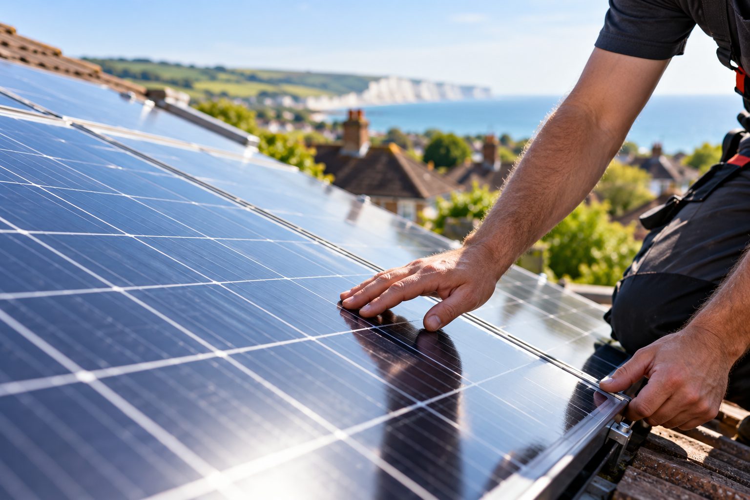 Technician inspecting a rooftop solar panel
