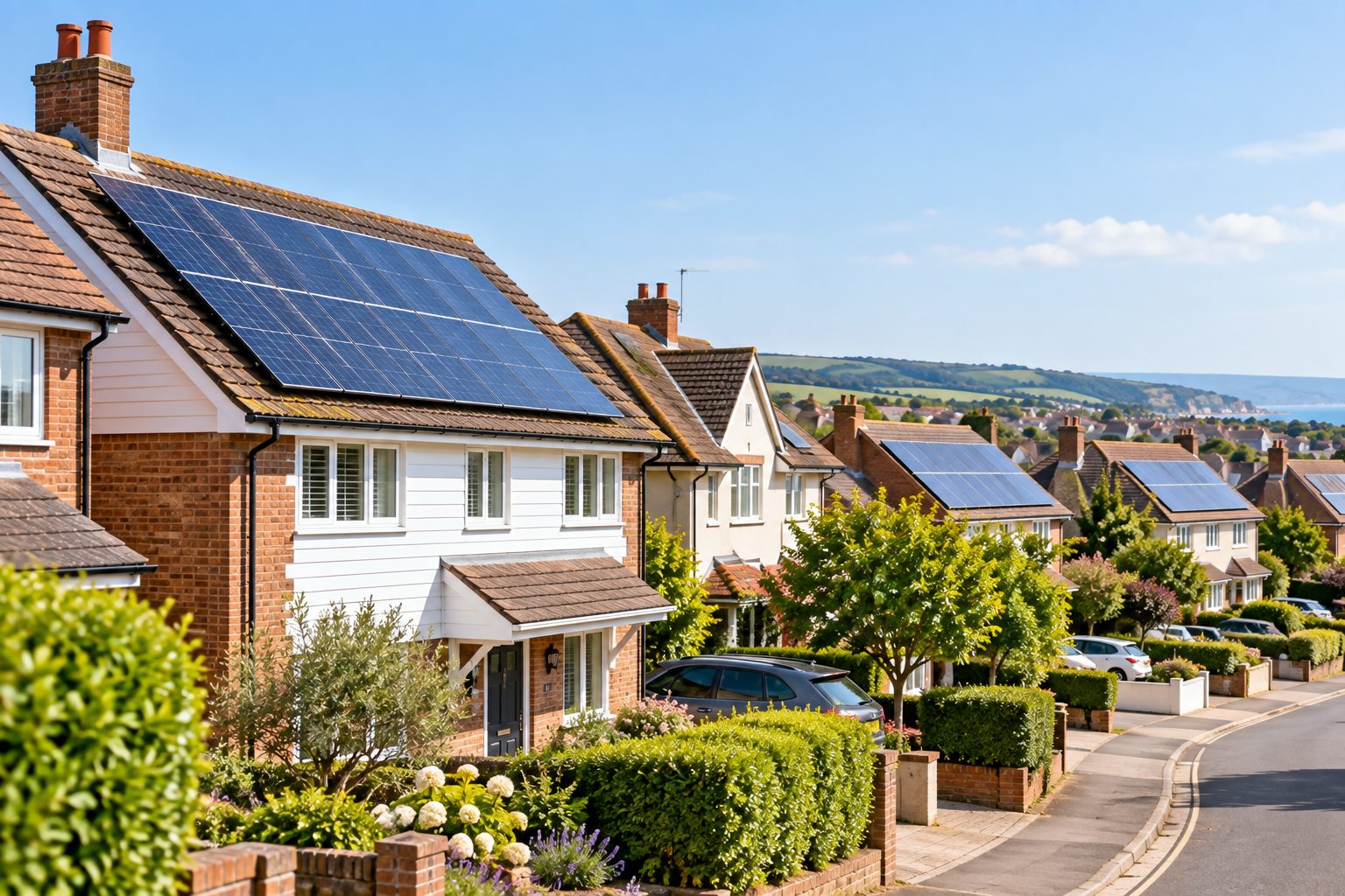 Houses with rooftop solar panels on a residential street